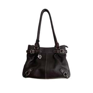 Brighton Black Pebbled Leather Shoulder Bag with Brown Trim and Braided Handles